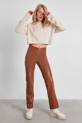 Yüksek Bel Boru Paça Suni Deri Pantolon - 7