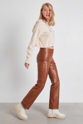 Yüksek Bel Boru Paça Suni Deri Pantolon - 8