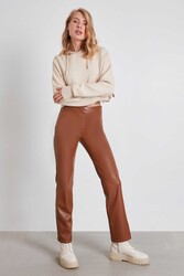 Yüksek Bel Boru Paça Suni Deri Pantolon - 9