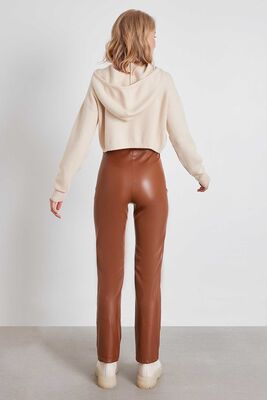 Yüksek Bel Boru Paça Suni Deri Pantolon - 11