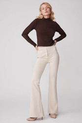 Yüksek Bel İspanyol Paça Süet Kumaş Pantolon - 4