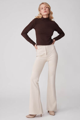 Yüksek Bel İspanyol Paça Süet Kumaş Pantolon - Thumbnail (3)