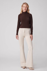 Yüksek Bel İspanyol Paça Süet Kumaş Pantolon - 3