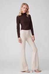 Yüksek Bel İspanyol Paça Süet Kumaş Pantolon - 5