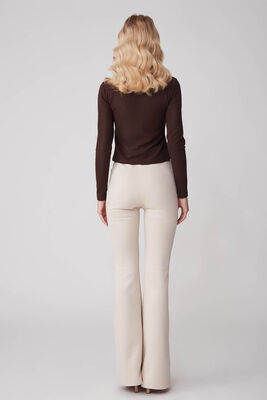 Yüksek Bel İspanyol Paça Süet Kumaş Pantolon - Thumbnail (5)