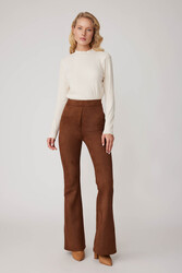 Yüksek Bel İspanyol Paça Süet Kumaş Pantolon - 10