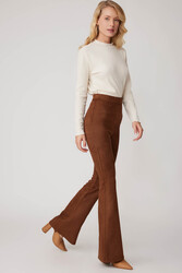 Yüksek Bel İspanyol Paça Süet Kumaş Pantolon - 12