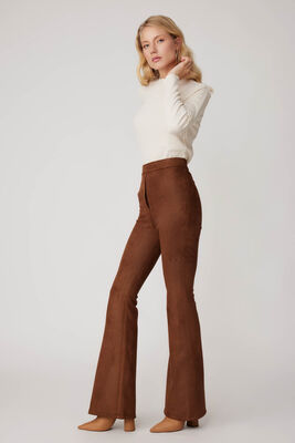 Yüksek Bel İspanyol Paça Süet Kumaş Pantolon - Thumbnail (14)