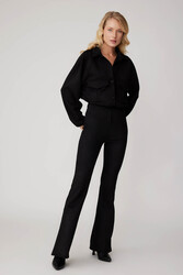 Yüksek Bel İspanyol Paça Süet Kumaş Pantolon - 19