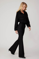 Yüksek Bel İspanyol Paça Süet Kumaş Pantolon - 21