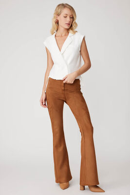 Yüksek Bel İspanyol Paça Süet Kumaş Pantolon - Thumbnail (25)