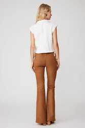 Yüksek Bel İspanyol Paça Süet Kumaş Pantolon - 28