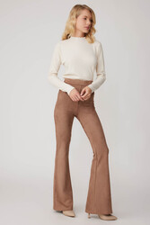 Yüksek Bel İspanyol Paça Süet Kumaş Pantolon - 34