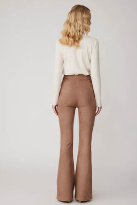 Yüksek Bel İspanyol Paça Süet Kumaş Pantolon - 36