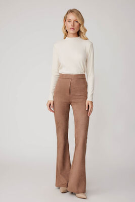 Yüksek Bel İspanyol Paça Süet Kumaş Pantolon - 37