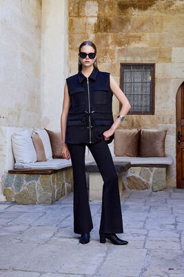 Yüksek Bel İspanyol Paça Süet Kumaş Pantolon - Thumbnail (16)