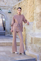 Yüksek Bel İspanyol Paça Süet Kumaş Pantolon - 32