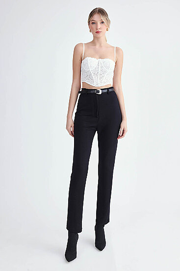 Yüksek Bel Kemerli Modal Pantolon - 9