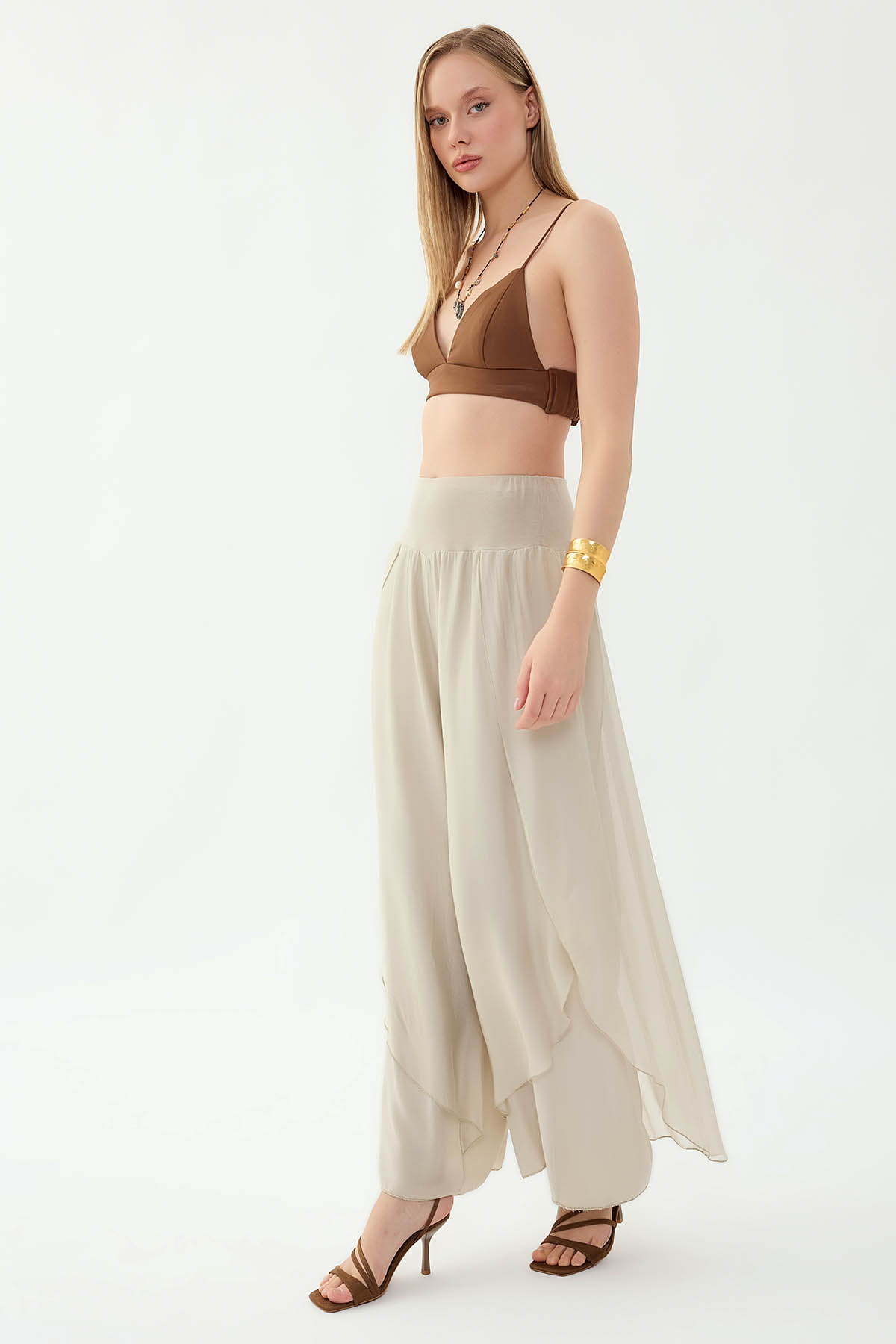 Yüksek Bel Lastikli İpek Pantolon - Thumbnail