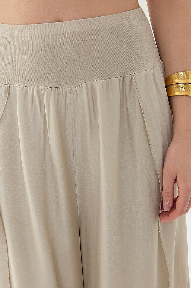 Yüksek Bel Lastikli İpek Pantolon - 5