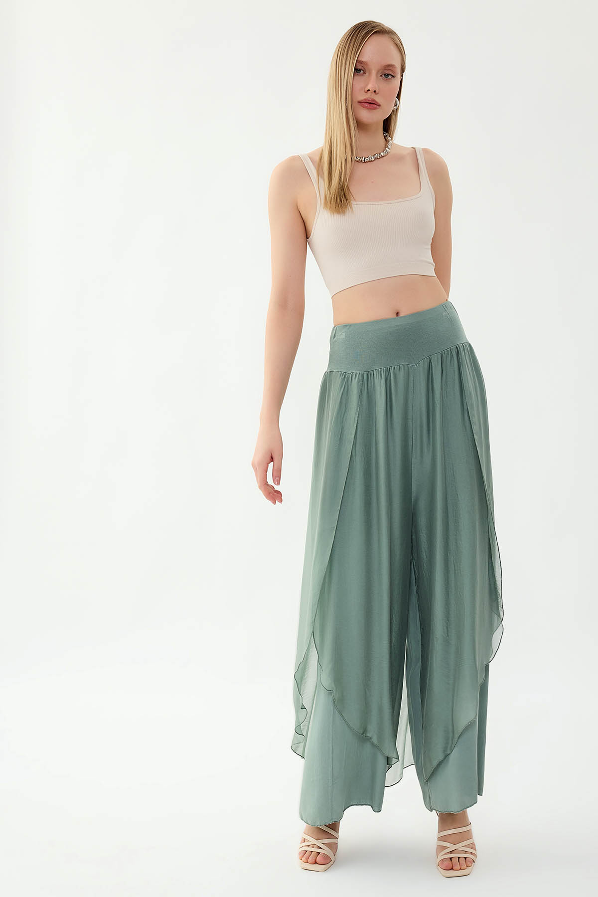 Yüksek Bel Lastikli İpek Pantolon - Thumbnail