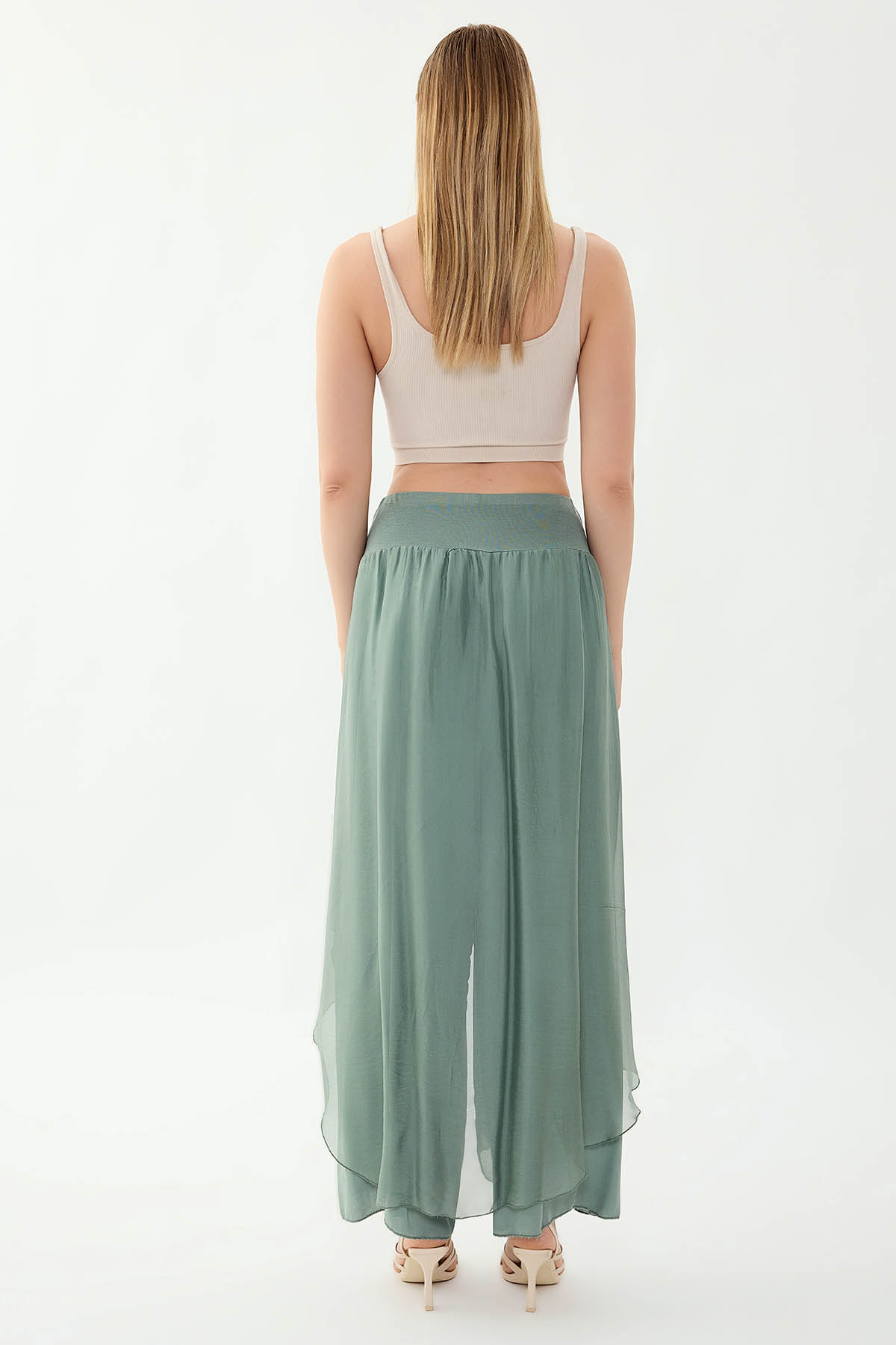 Yüksek Bel Lastikli İpek Pantolon - Thumbnail