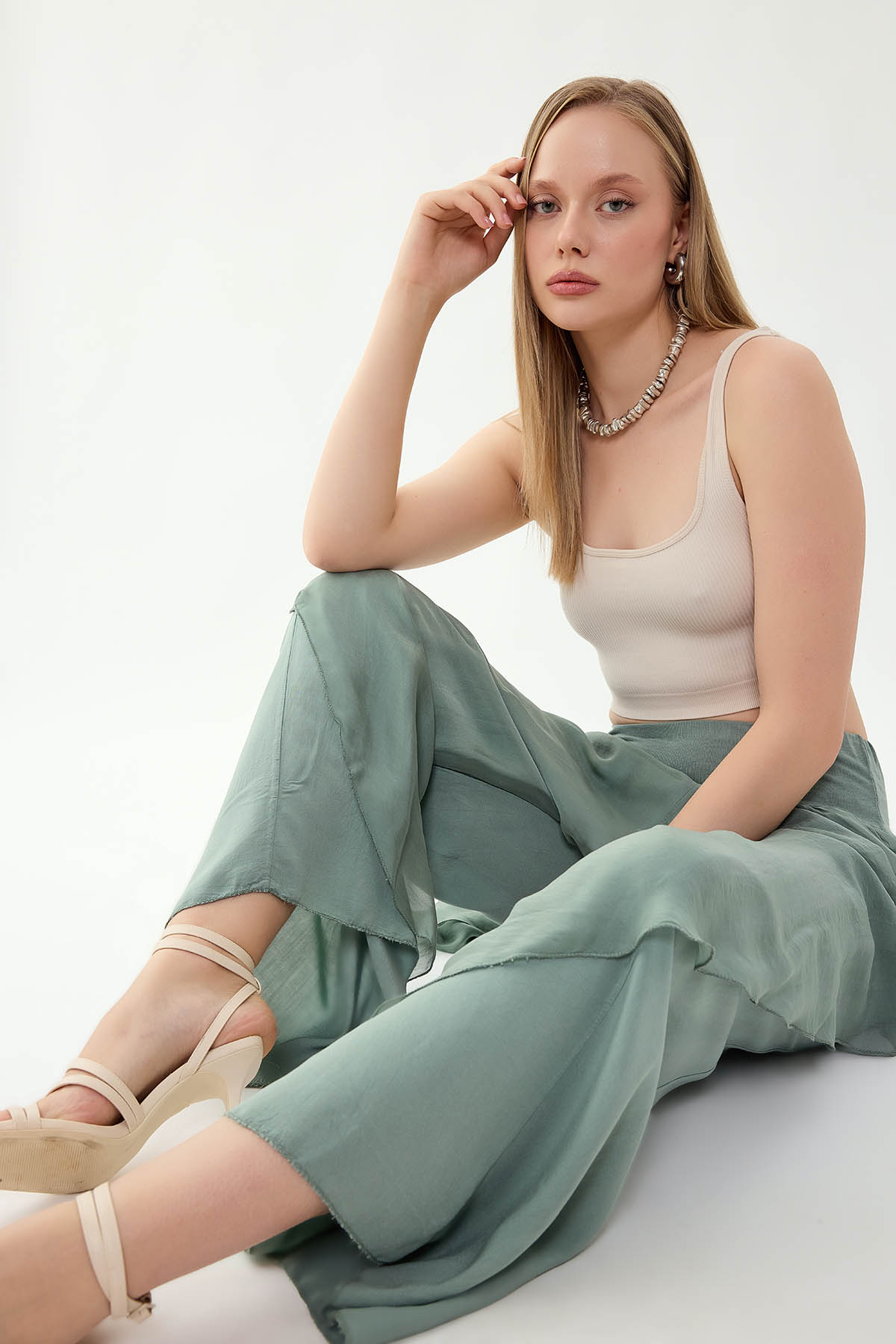 Yüksek Bel Lastikli İpek Pantolon - Thumbnail