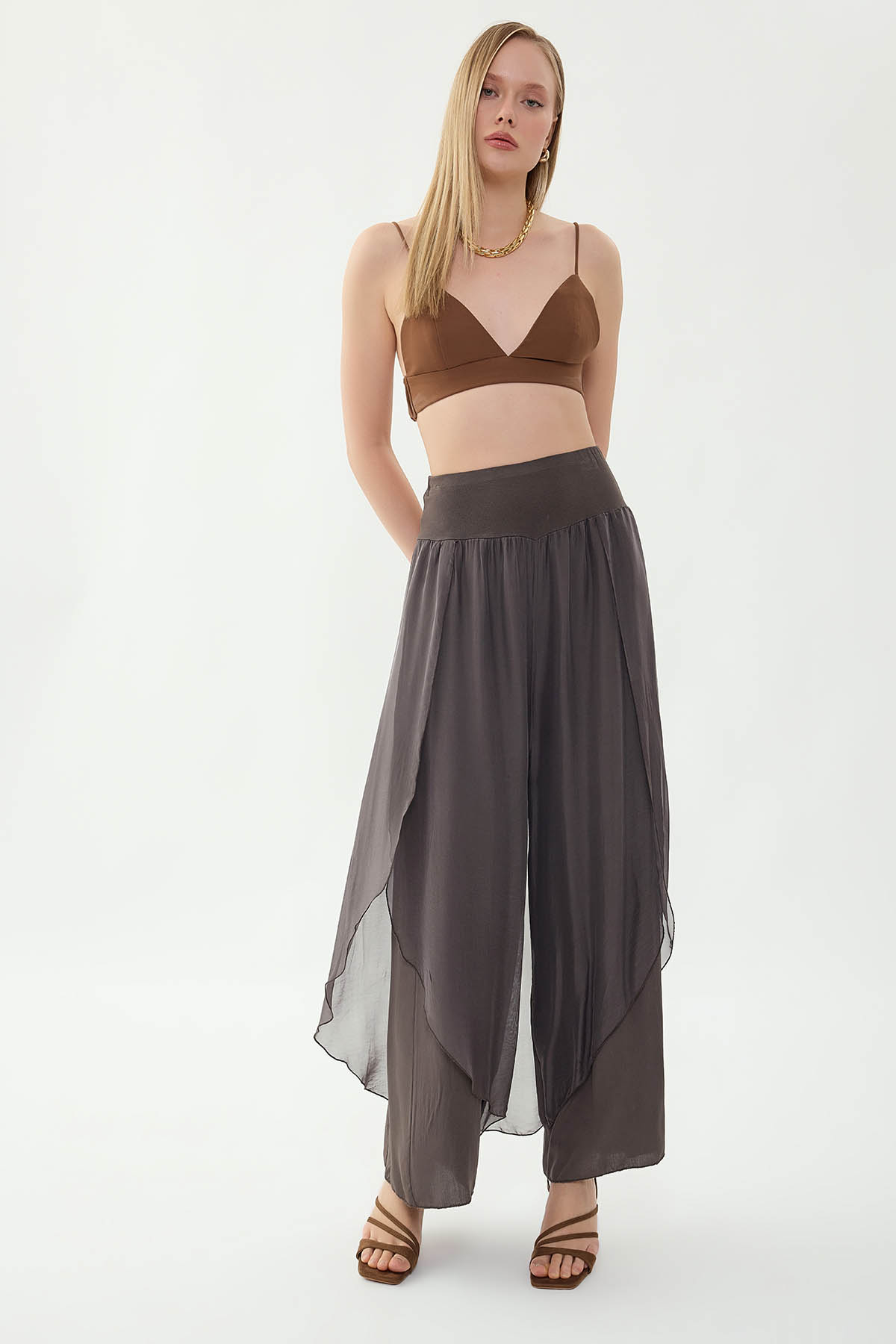 Yüksek Bel Lastikli İpek Pantolon - Thumbnail