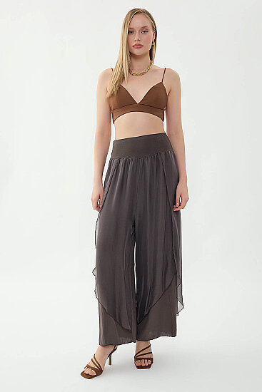 Yüksek Bel Lastikli İpek Pantolon - 13