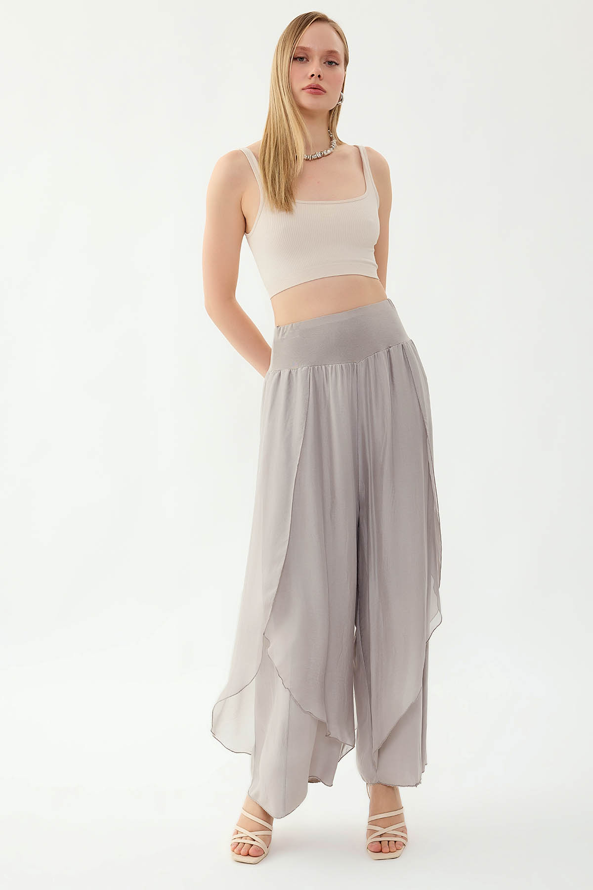 Yüksek Bel Lastikli İpek Pantolon - Thumbnail