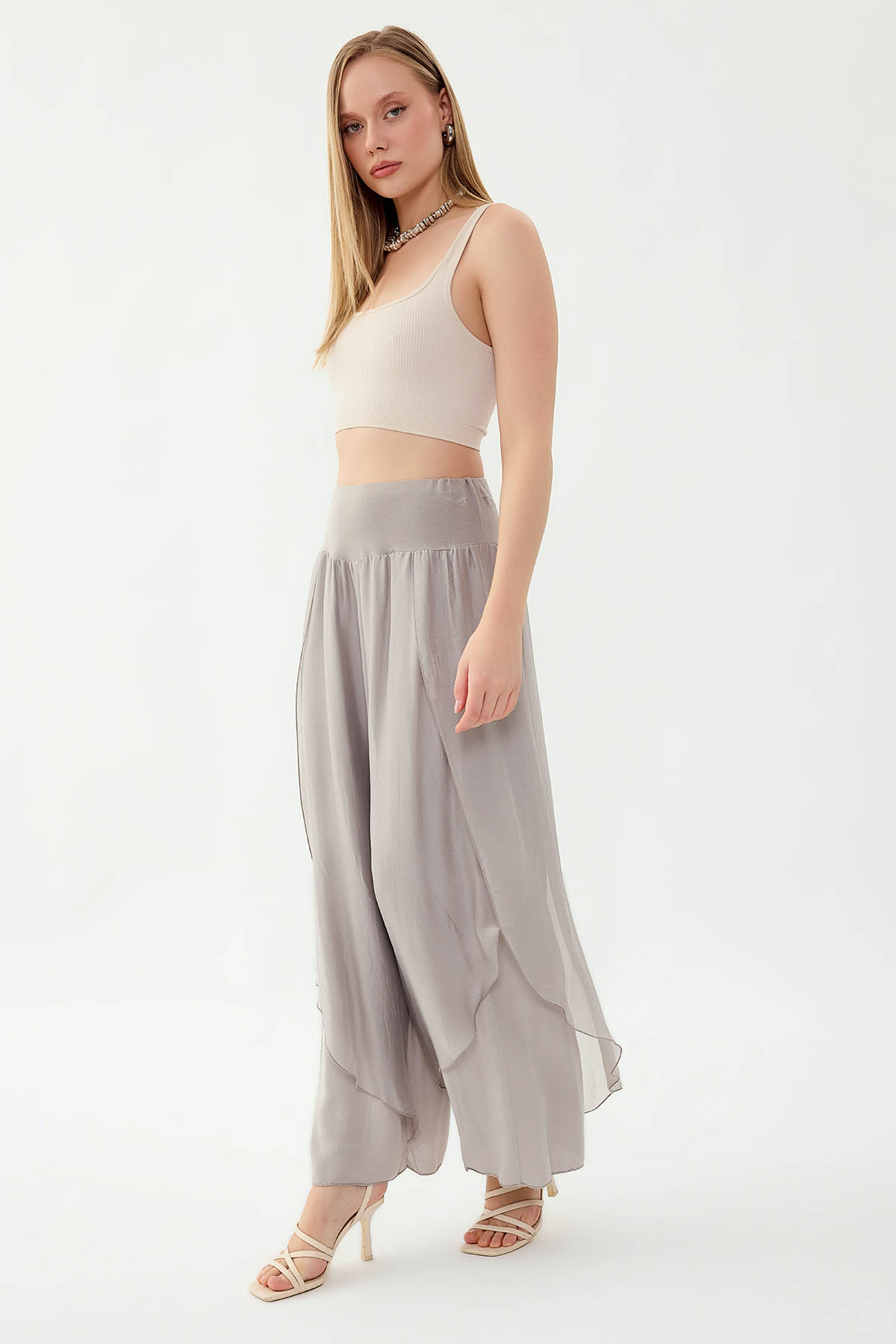 Yüksek Bel Lastikli İpek Pantolon - Thumbnail