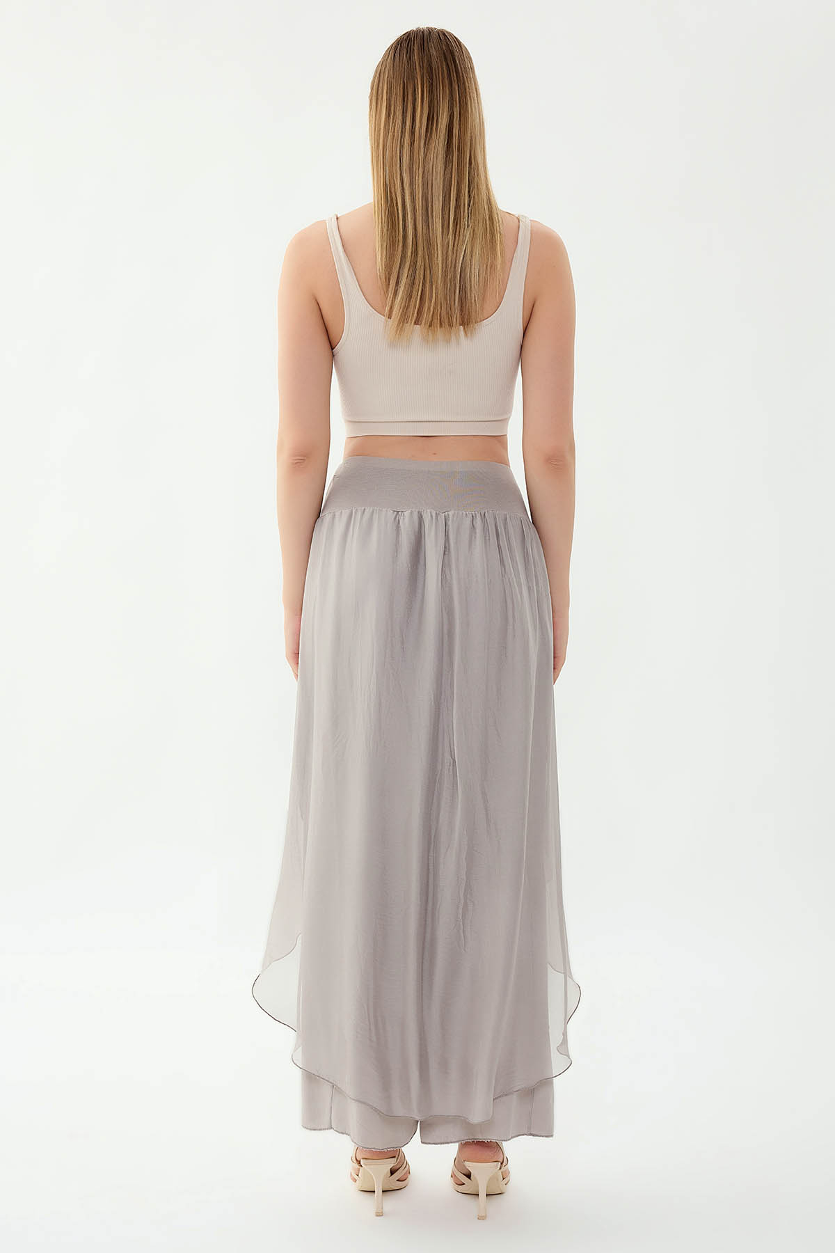 Yüksek Bel Lastikli İpek Pantolon - Thumbnail