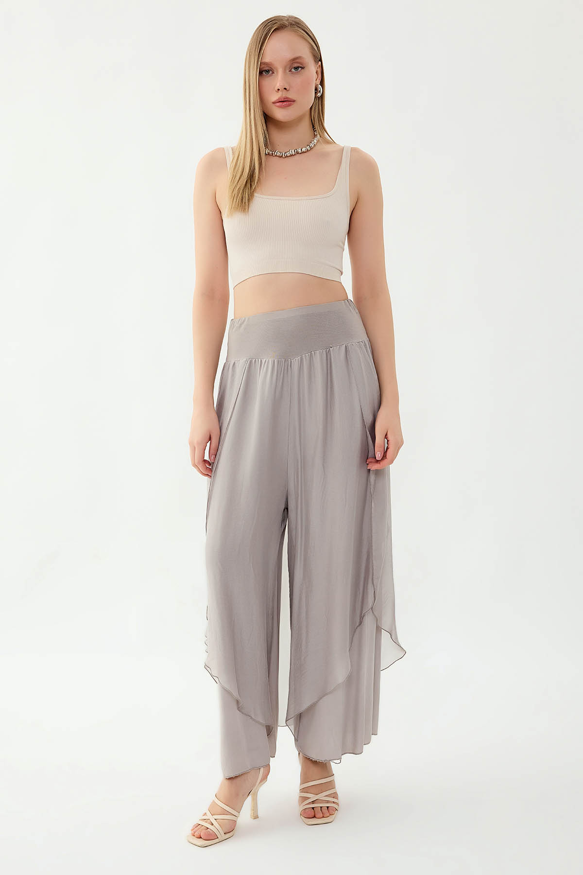 Yüksek Bel Lastikli İpek Pantolon - Thumbnail