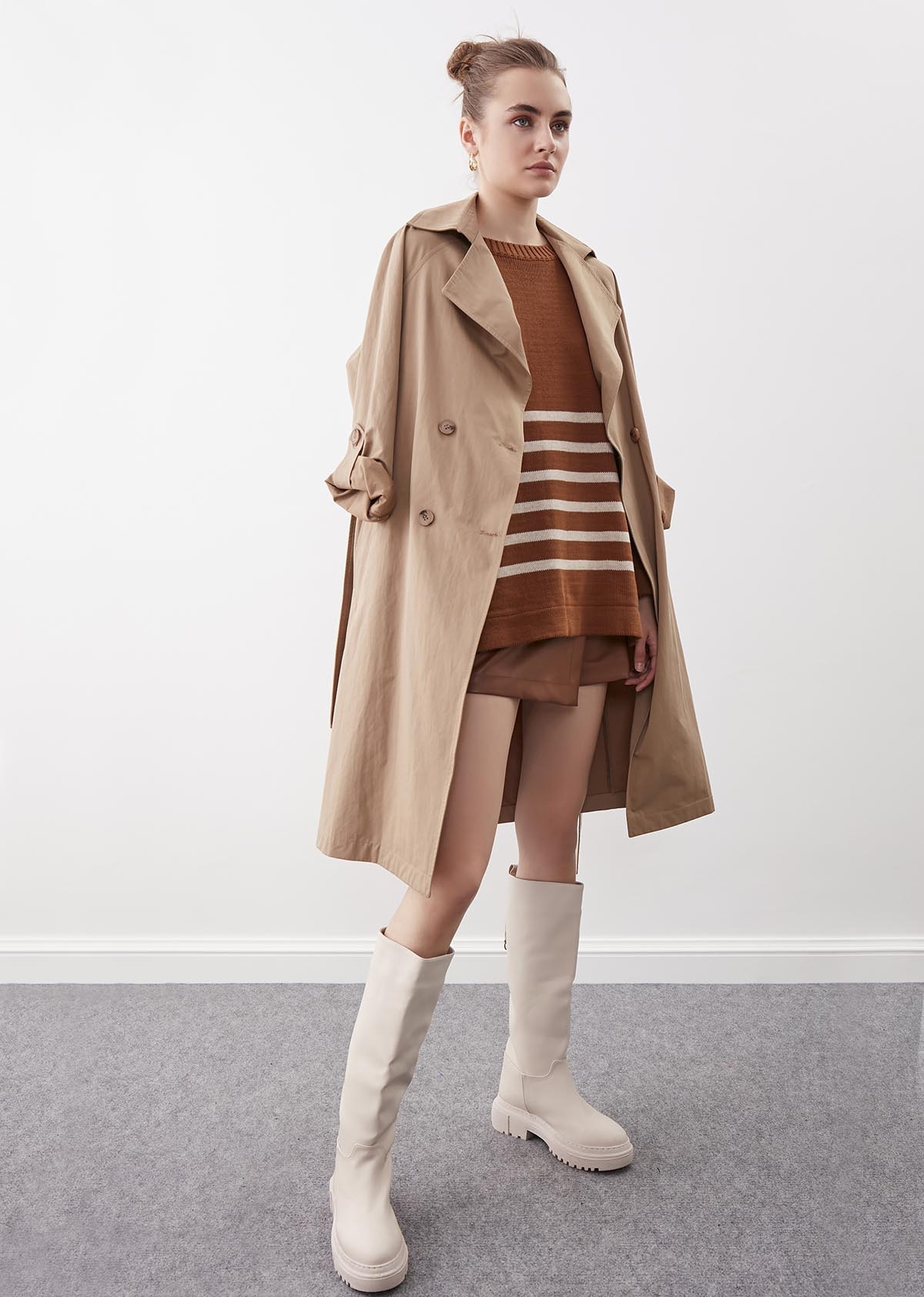 Yuvarlak Yaka Çizgili Oversize Kazak - Thumbnail