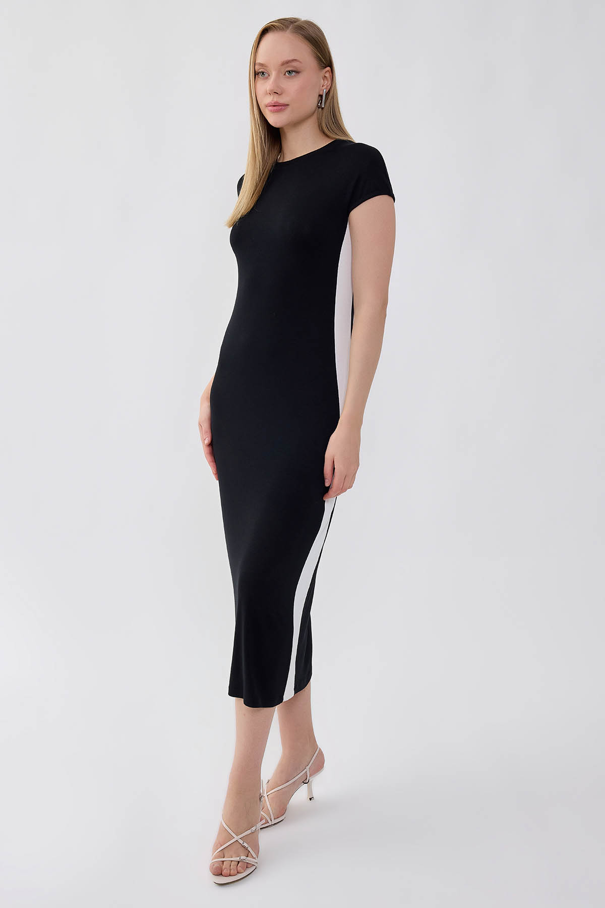 Yuvarlak Yaka İki Renk Elbise - Thumbnail