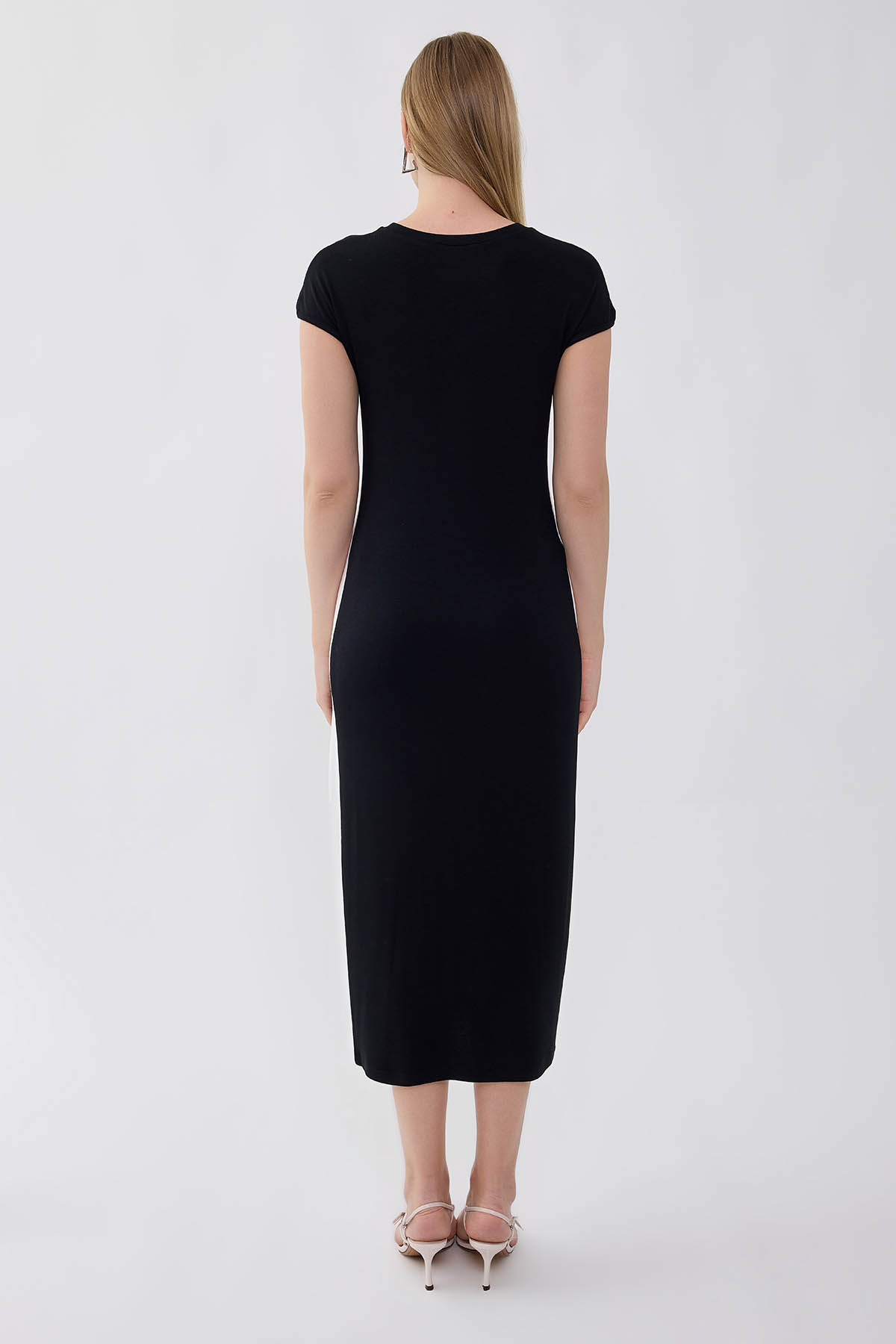 Yuvarlak Yaka İki Renk Elbise - Thumbnail