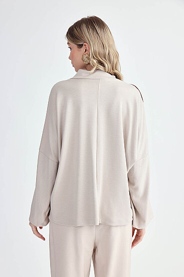 Yuvarlak Yaka Kenarı Şeritli Oversize Bluz - 5