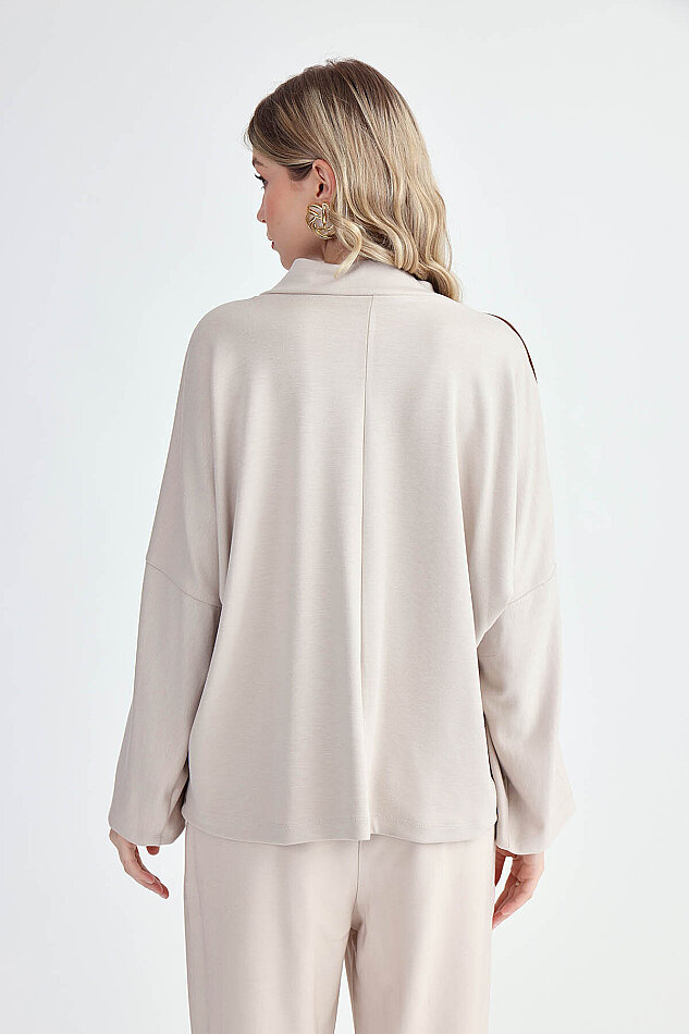 Yuvarlak Yaka Kenarı Şeritli Oversize Bluz - 5