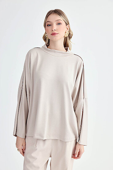 Yuvarlak Yaka Kenarı Şeritli Oversize Bluz - 3