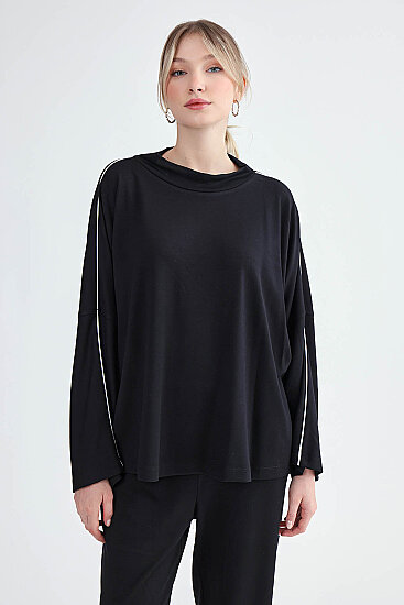 Yuvarlak Yaka Kenarı Şeritli Oversize Bluz - 14