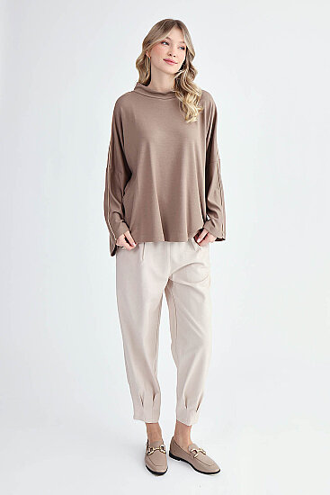Yuvarlak Yaka Kenarı Şeritli Oversize Bluz - 18