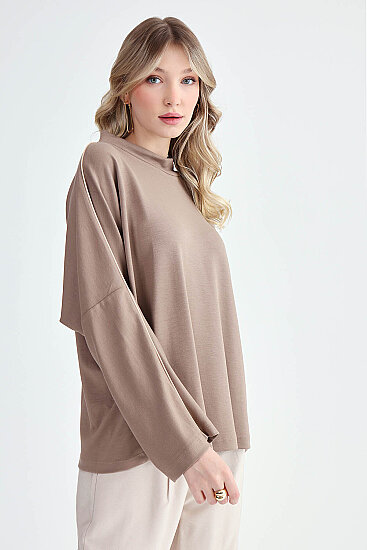 Yuvarlak Yaka Kenarı Şeritli Oversize Bluz - 19