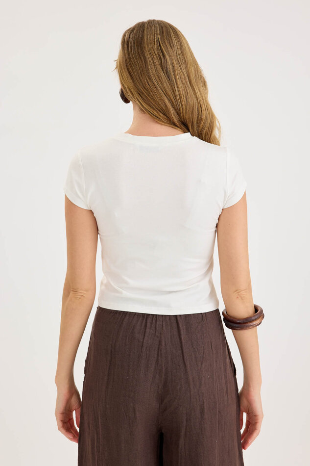 Yuvarlak Yaka Kısa Kol Crop Bluz - 5