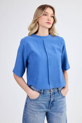 Yuvarlak Yaka Önden Dikişli Kısa Kol Crop Triko Bluz - 3