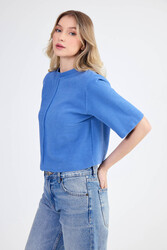 Yuvarlak Yaka Önden Dikişli Kısa Kol Crop Triko Bluz - 4