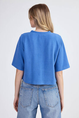 Yuvarlak Yaka Önden Dikişli Kısa Kol Crop Triko Bluz - 5