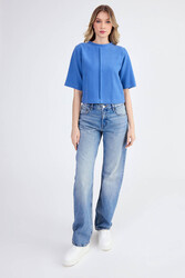 Yuvarlak Yaka Önden Dikişli Kısa Kol Crop Triko Bluz - 2