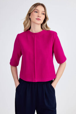 Yuvarlak Yaka Önden Dikişli Kısa Kol Crop Triko Bluz - 8