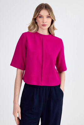 Yuvarlak Yaka Önden Dikişli Kısa Kol Crop Triko Bluz - 6