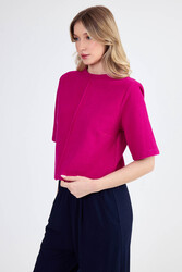 Yuvarlak Yaka Önden Dikişli Kısa Kol Crop Triko Bluz - 9